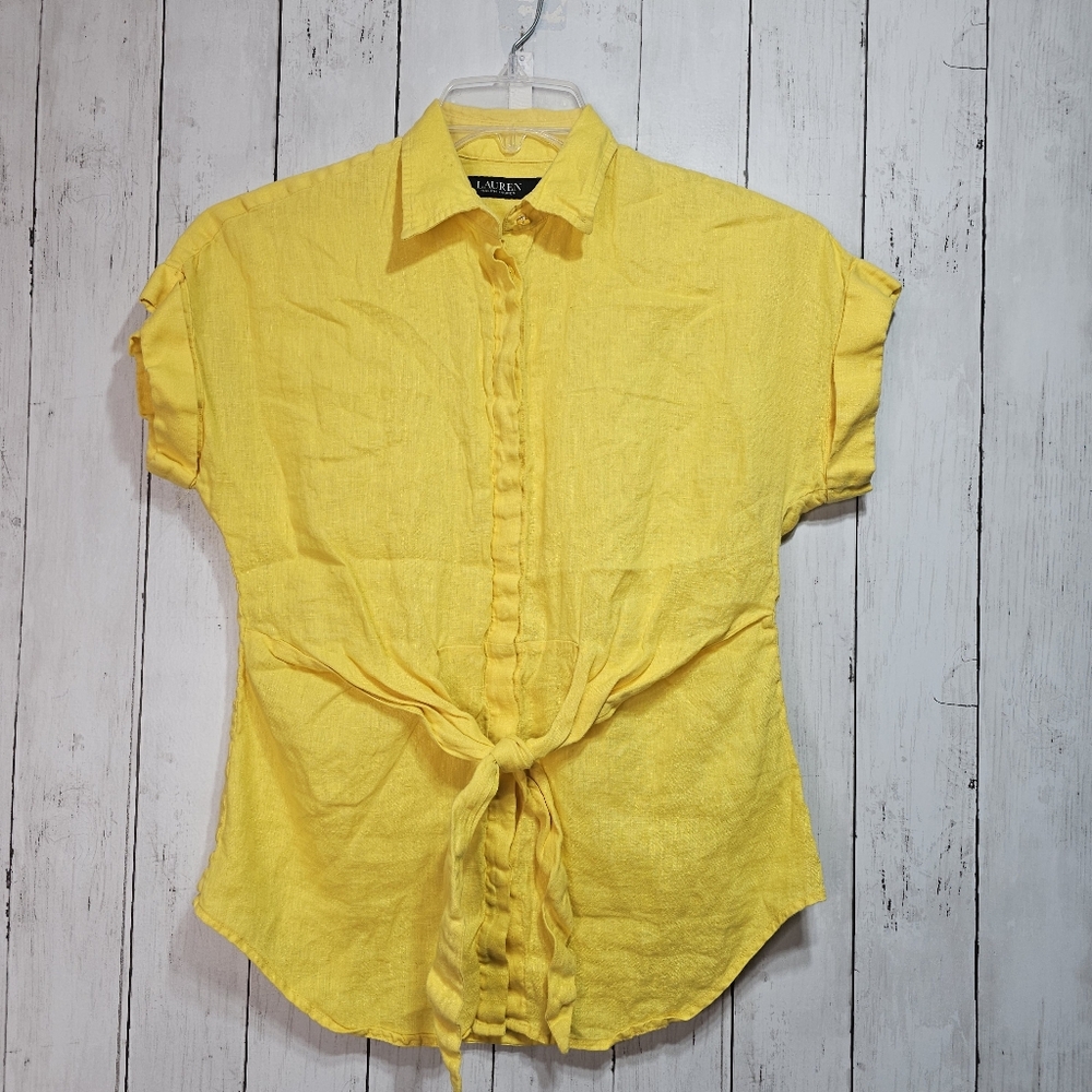 LAUREN RALPH LAUREN LRL Black Label Yellow Front Knot 100% Linen Shirt Size XS.